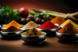 a variety of spices in bowls. AI-Generated photo