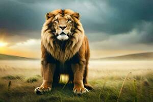 a lion standing in the grass with a cloudy sky. AI-Generated photo