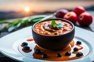 a bowl of soup with berries and a sunset in the background. AI-Generated photo