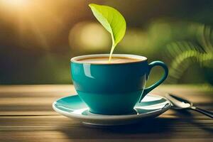 a cup of coffee with a green leaf. AI-Generated photo