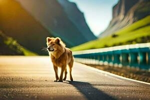 a lion standing on the road in front of mountains. AI-Generated photo