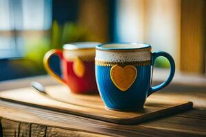 two coffee mugs with heart designs on them on a wooden table. AI-Generated photo