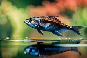 un pescado es flotante en el agua con un verde antecedentes. generado por ai foto