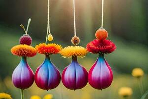 four colorful flowers hanging from strings in a field. AI-Generated photo