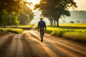 a man walking down a dirt road in the country. AI-Generated photo