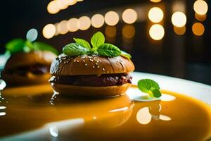 two hamburgers on a white plate with sauce. AI-Generated photo