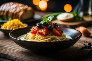 spaghetti with tomatoes, cheese and bread on a wooden table. AI-Generated photo