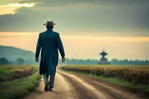 a man in a suit and hat walks down a dirt road. AI-Generated photo