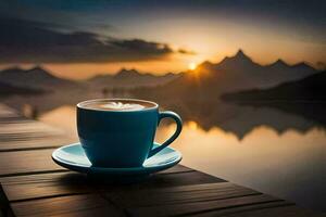 coffee cup on the wooden table with the sun setting over the lake. AI-Generated photo