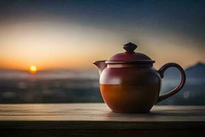 a teapot on a table in the sunset. AI-Generated photo