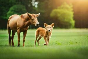 un caballo y un perrito son en pie en el césped. generado por ai foto