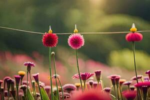 flowers are hanging on a wire in a field. AI-Generated photo