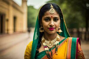 a beautiful indian woman wearing a traditional sari. AI-Generated photo