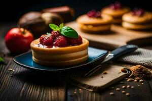 un postre con bayas y especias en un de madera mesa. generado por ai foto