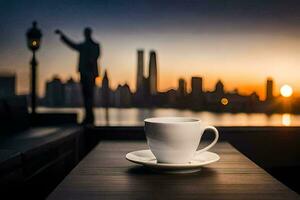 coffee cup on the table with cityscape in the background. AI-Generated photo