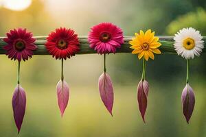 colorful flowers hanging from a branch. AI-Generated photo