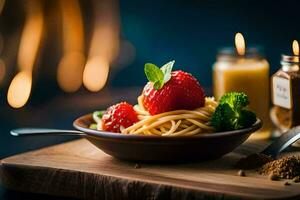 spaghetti with strawberries and spices on a wooden table. AI-Generated photo