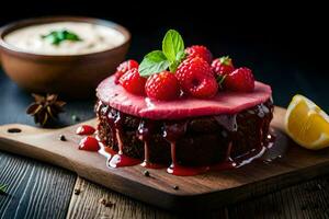 a cake with raspberry sauce and lemon on a wooden cutting board. AI-Generated photo