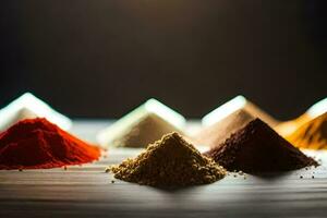 a variety of spices on a wooden table. AI-Generated photo