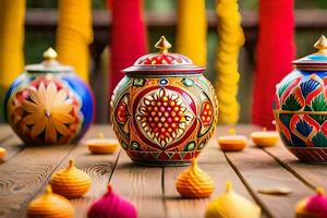 colorful diyas and candles on a wooden table. AI-Generated photo