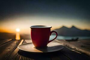 coffee cup on a wooden table with the sun setting behind it. AI-Generated photo