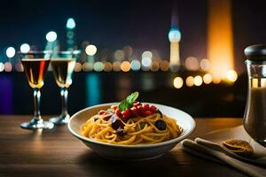 a plate of pasta and wine on a table in front of a cityscape. AI-Generated photo