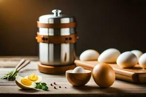 an egg is placed next to a coffee grinder. AI-Generated photo