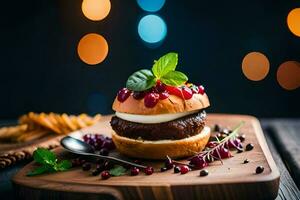 un hamburguesa con queso y granada en un de madera corte tablero. generado por ai foto