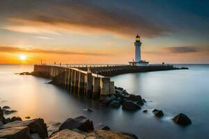 un faro a puesta de sol con un largo exposición. generado por ai foto