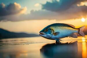 un pescado es en pie en el agua a puesta de sol. generado por ai foto