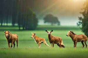 four horses and a dog are standing in the grass. AI-Generated photo