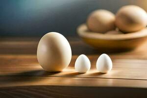 three eggs are sitting on a table next to a bowl. AI-Generated photo