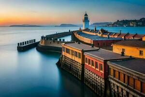 a long exposure photograph of a lighthouse at sunset. AI-Generated photo