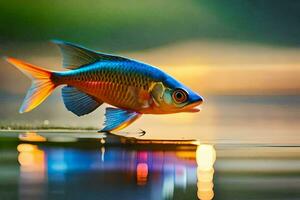 a fish is standing on the water with its tail out. AI-Generated photo