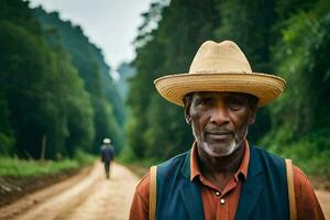 an african man wearing a straw hat on a dirt road. AI-Generated photo