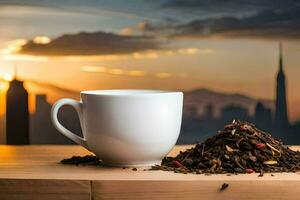 un taza de té y un pila de té hojas en un de madera mesa en frente de un ciudad. generado por ai foto