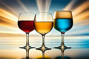 three glasses of wine are shown against the sunset. AI-Generated photo