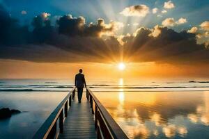 a man standing on a pier looking at the sun. AI-Generated photo