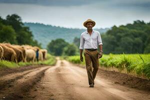 a man walking down a dirt road with sheep in the background. AI-Generated photo