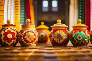colorful pots and jars lined up on a table. AI-Generated photo