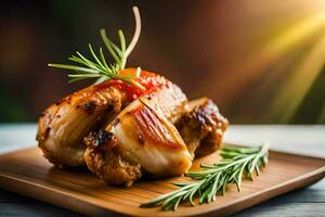 grilled chicken on a wooden plate with rosemary. AI-Generated photo