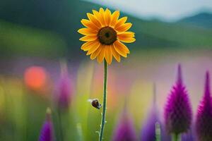 a single yellow sunflower stands out in a field of purple flowers. AI-Generated photo