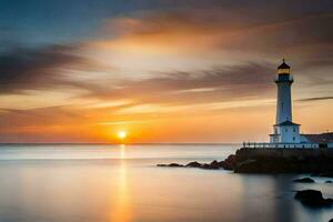 un faro es visto en el puesta de sol. generado por ai foto