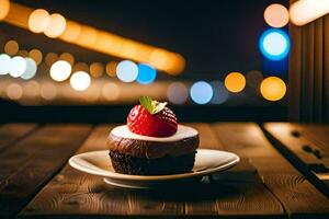 a cupcake with a strawberry on top sits on a wooden table. AI-Generated photo