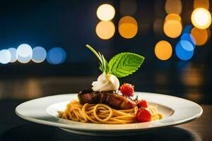 a plate of spaghetti with a slice of meat and berries. AI-Generated photo