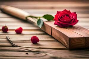 a rose on a wooden board with a knife. AI-Generated photo