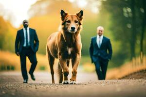 a dog walking in the road with two men in suits. AI-Generated photo