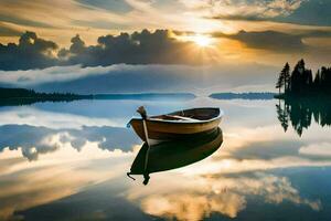 a boat is floating on a calm lake at sunset. AI-Generated photo
