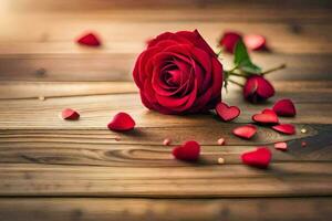 rojo Rosa en un de madera mesa con corazones. generado por ai foto