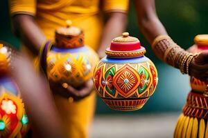 women in indian dress holding colorful pots. AI-Generated photo